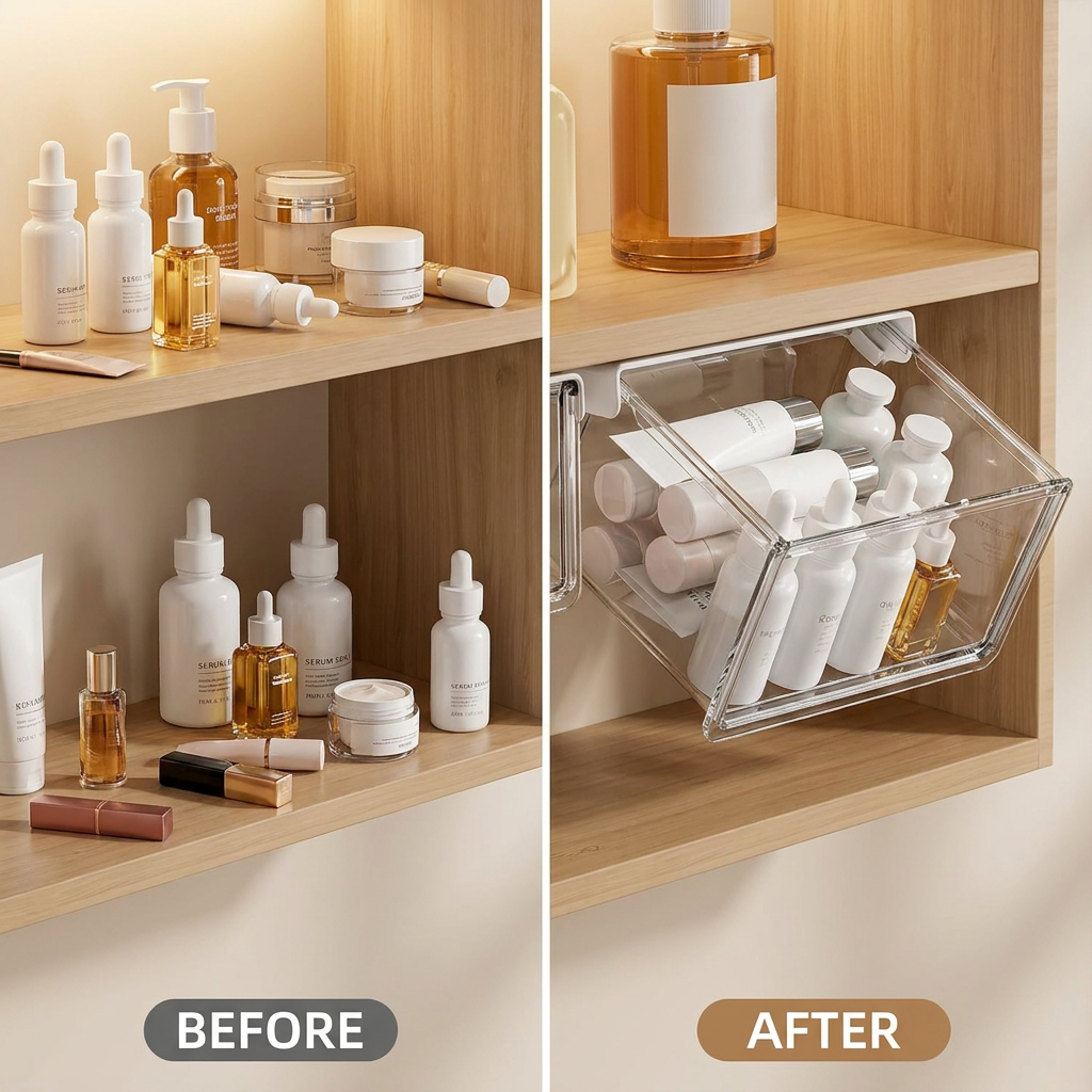 Before and after — the same shelf, organised with the Lumière